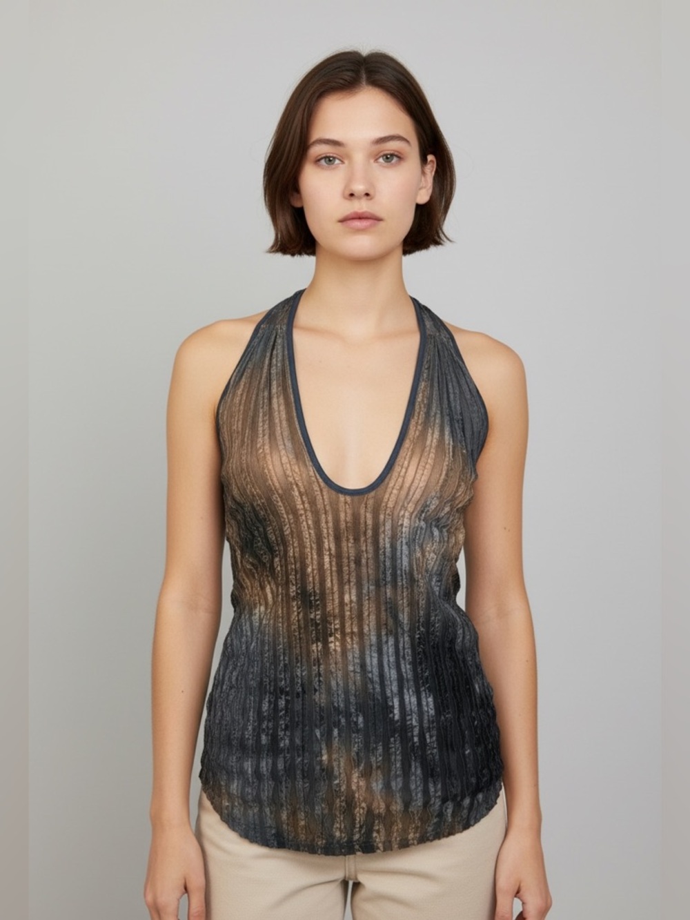 Ribbed Halter Cami in Black and Brown Tie-Dye Ombre. Open back. Y2K vibes. Rave